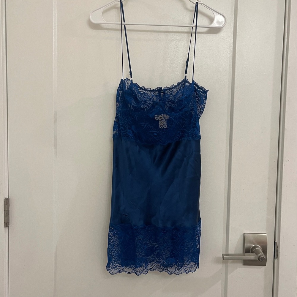 Vintage Gold Label Victorias Secret Blue Lingerie Mini Dress Slip Lace 80s